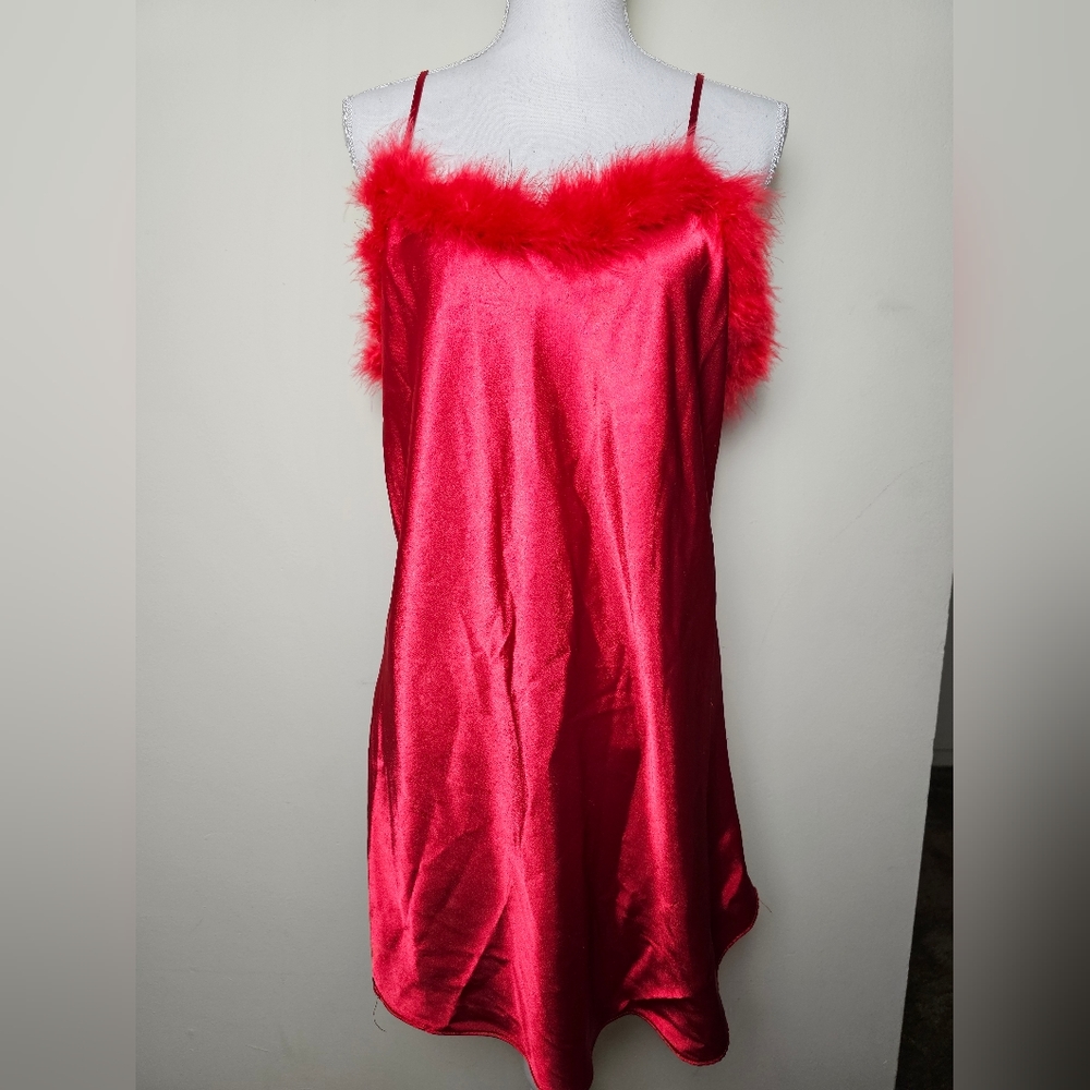 Red Satin Feather Sexy Night Gown Vintage